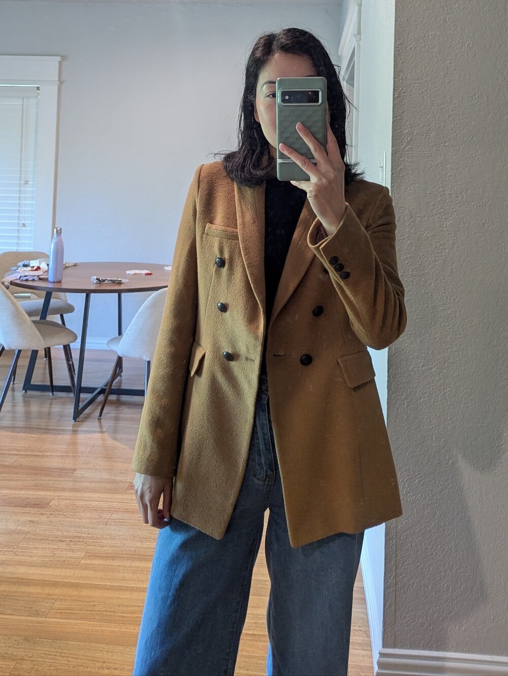 19991 Olive des Olive Wool Double Breasted Blazer Tan size 2 Business casual